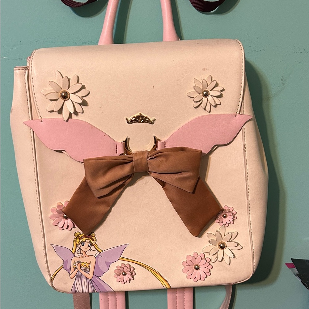Pink and Cream Backpack with Bow and Floral Accents